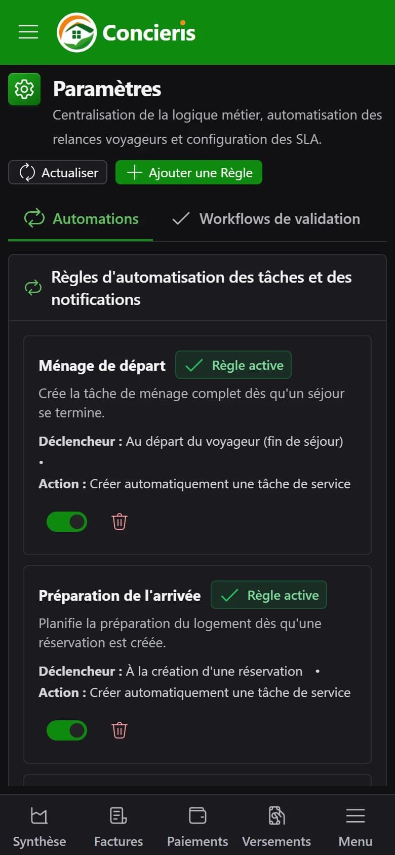 Automatisations de la conciergerie dans Concieris
