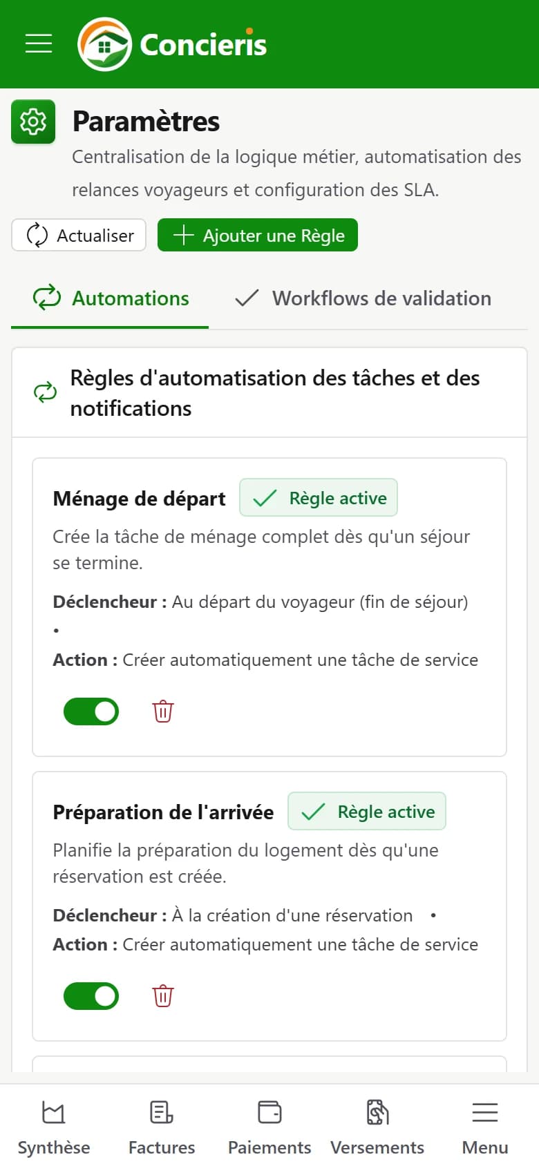 Automatisations de la conciergerie dans Concieris