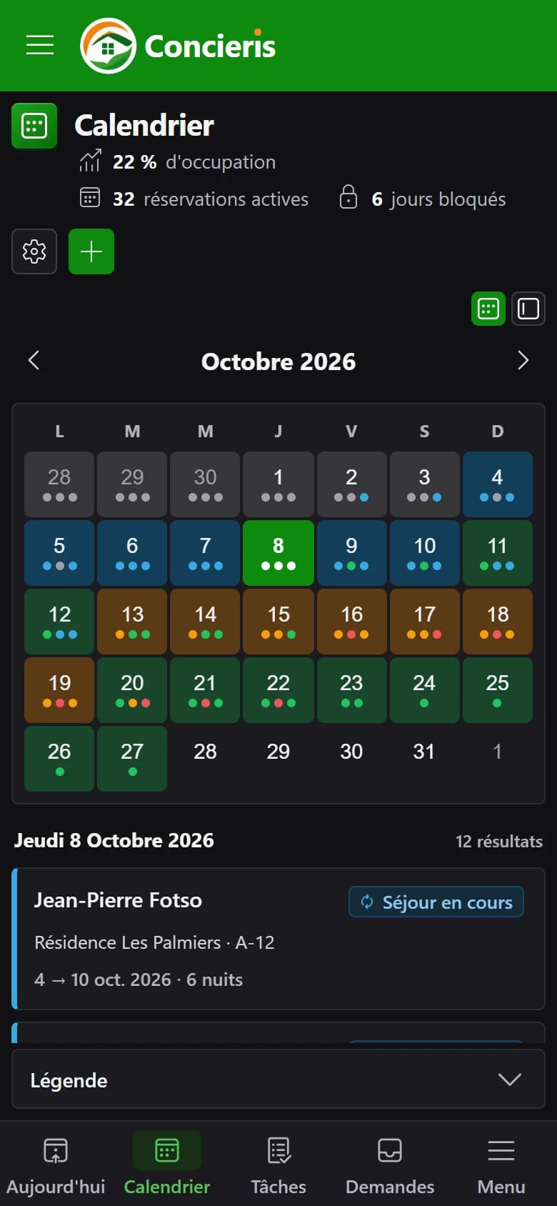 Aperçu du calendrier des séjours