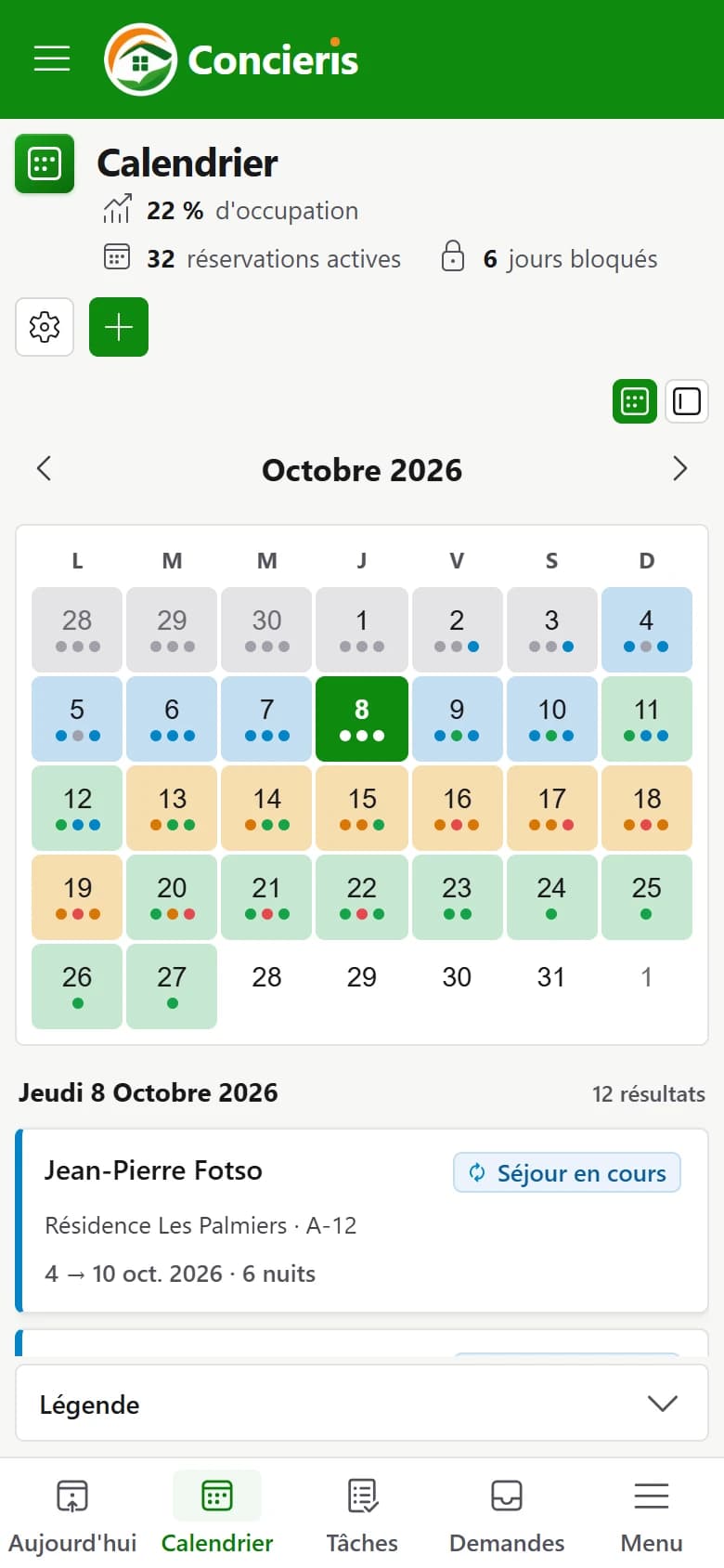 Aperçu du calendrier des séjours