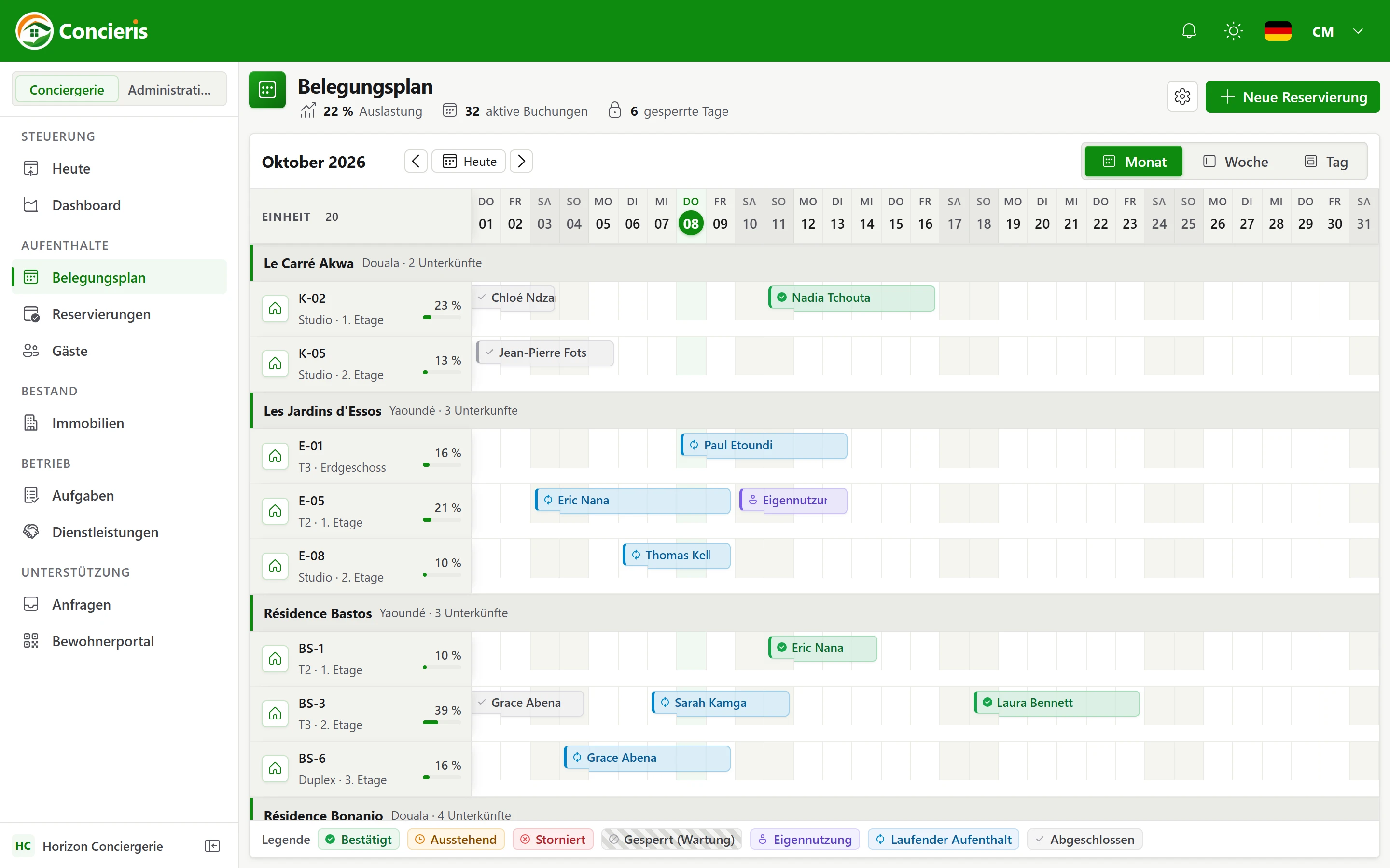 Belegungskalender in der Concierge-App Concieris