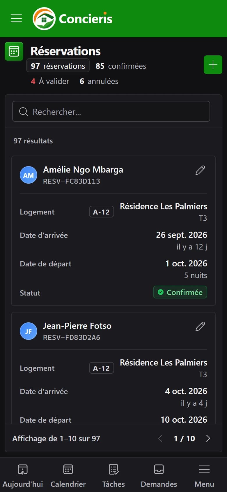 Aperçu de la page Réservations