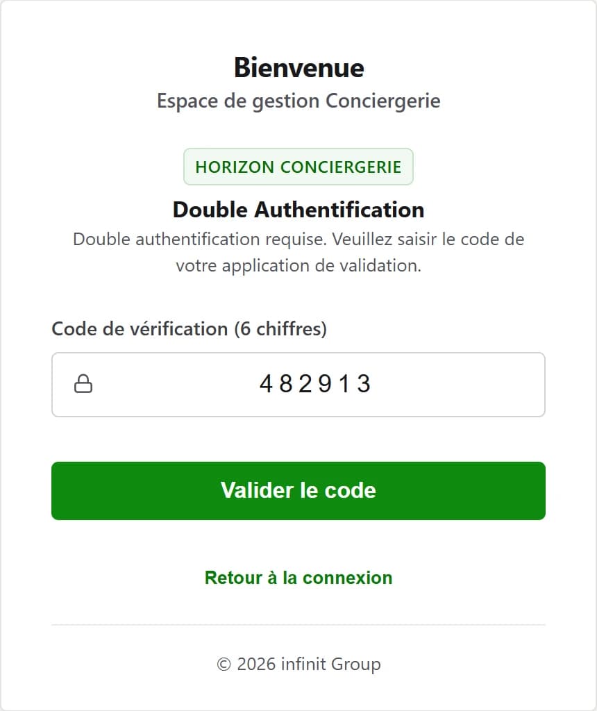 Écran de connexion de Concieris : saisie du code de double authentification