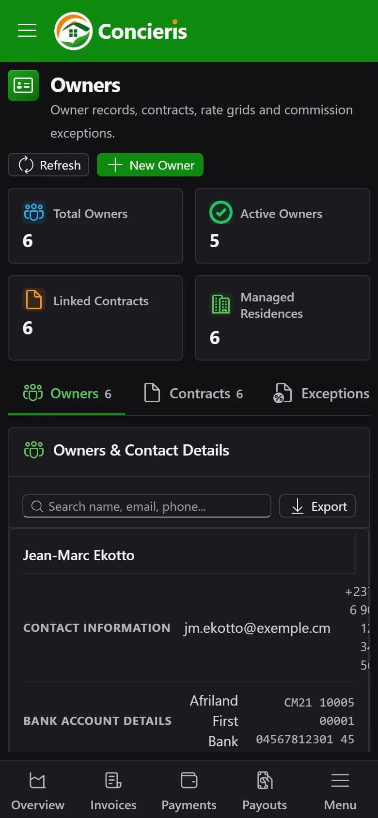 Owner contracts in Concieris