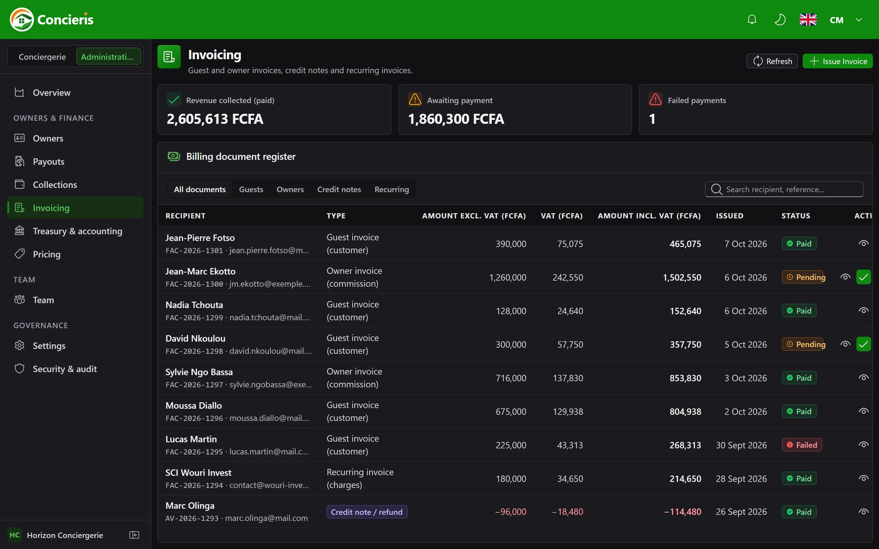 Payments and invoicing in Concieris