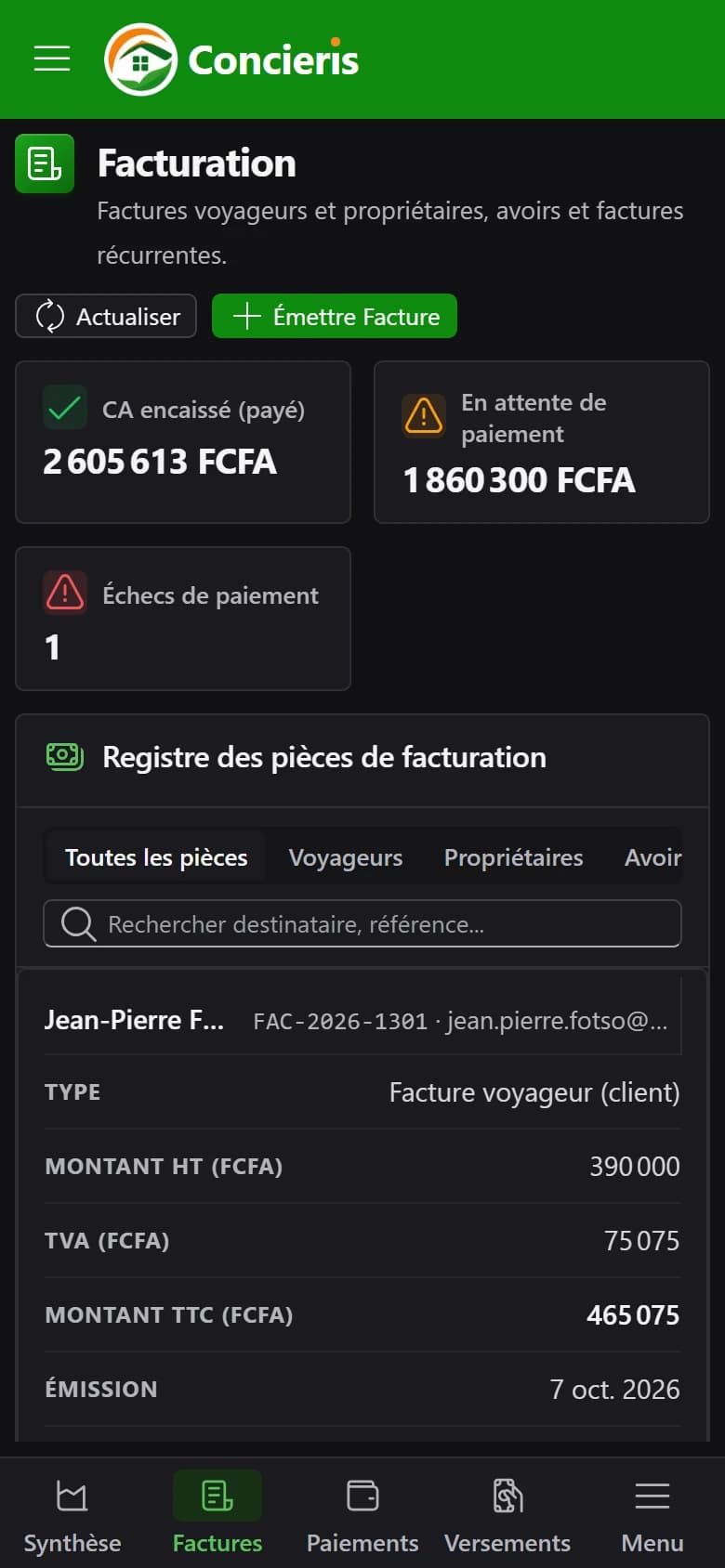 Encaissements et facturation dans Concieris