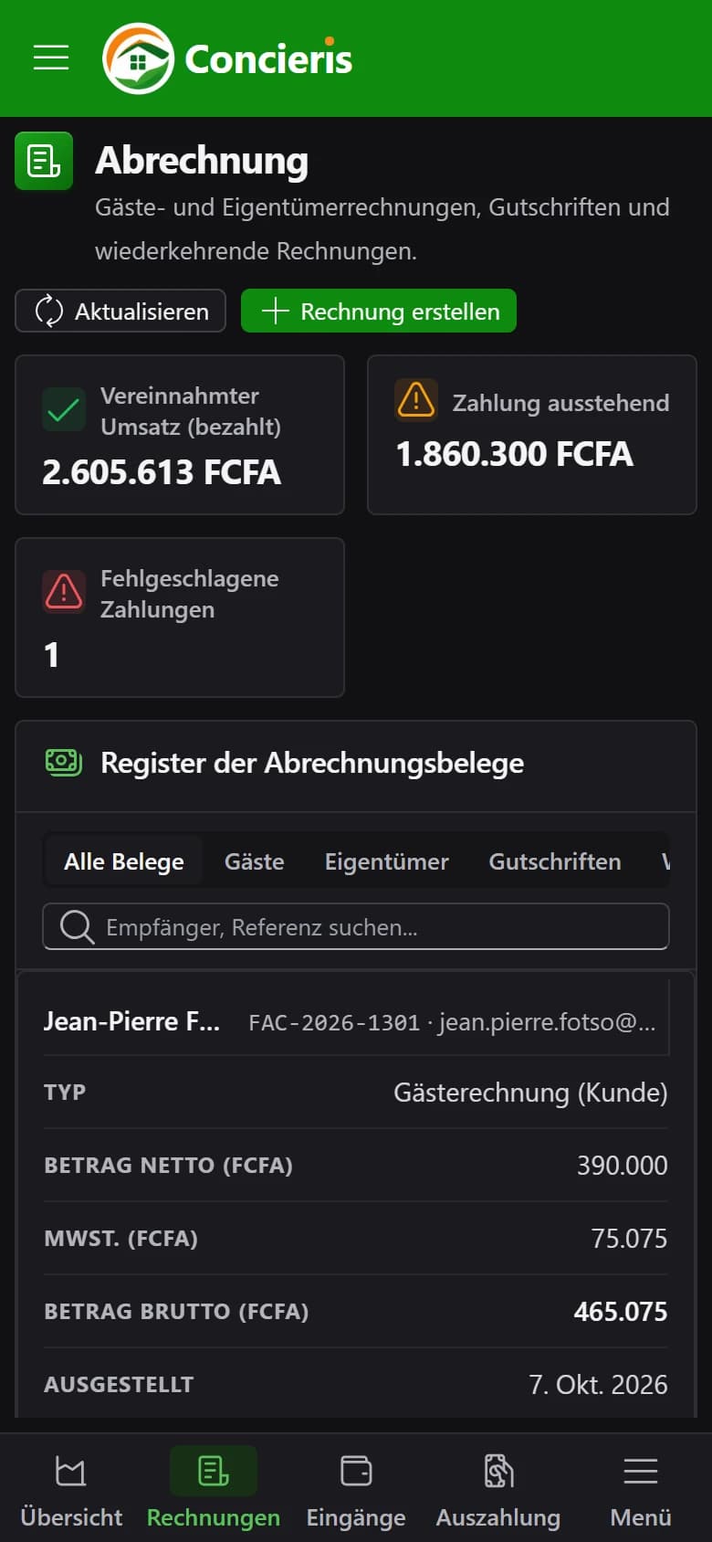 Zahlungen und Rechnungen in Concieris