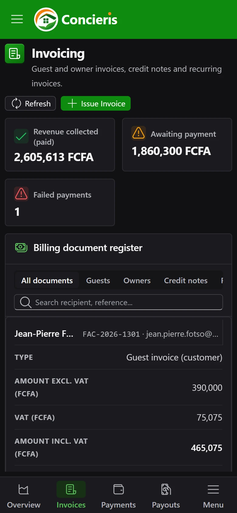 Payments and invoicing in Concieris