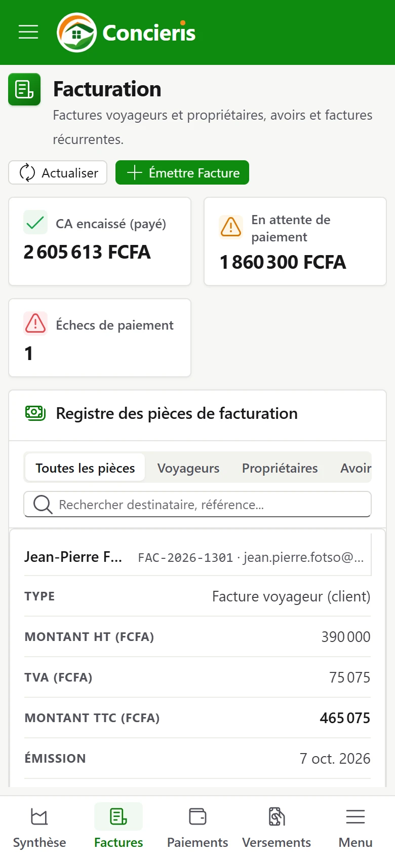Encaissements et facturation dans Concieris
