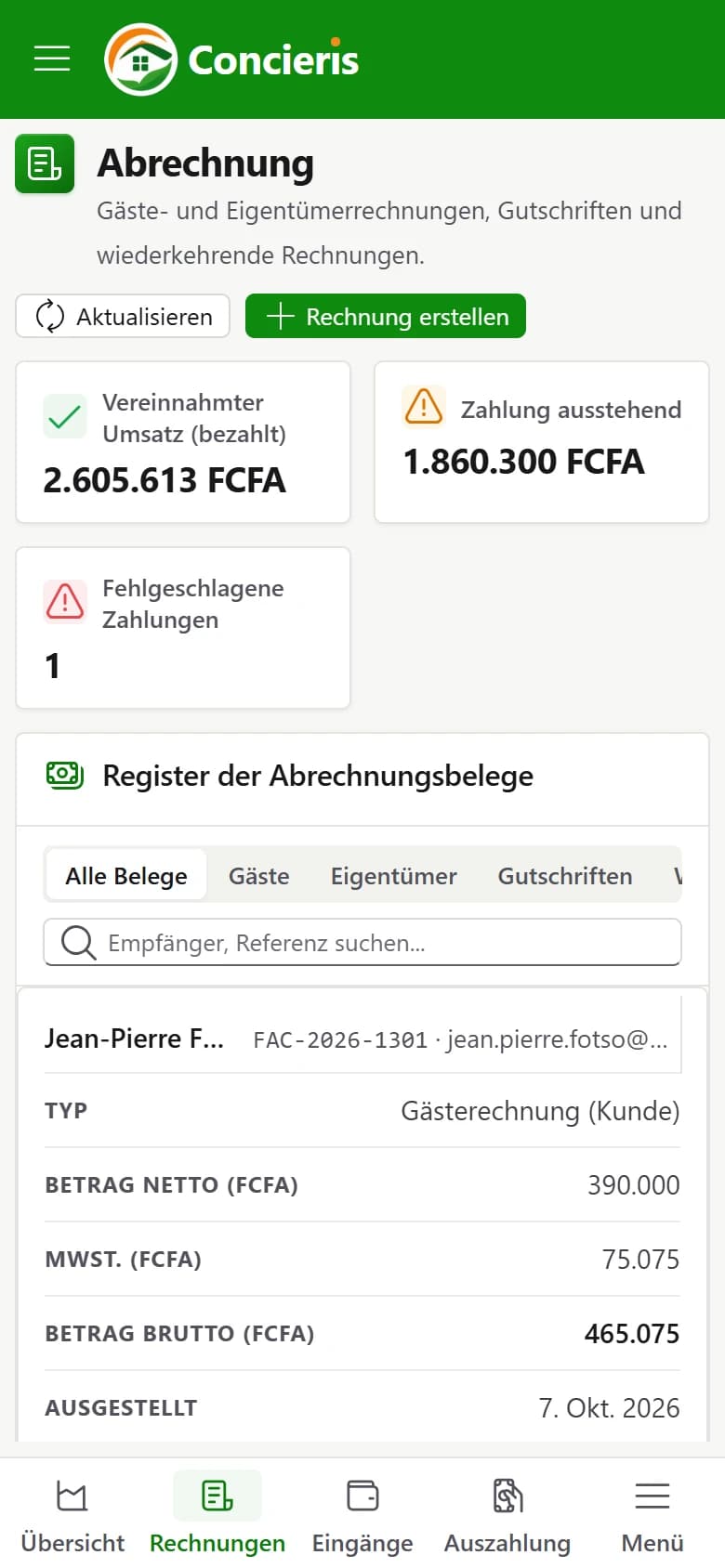 Zahlungen und Rechnungen in Concieris