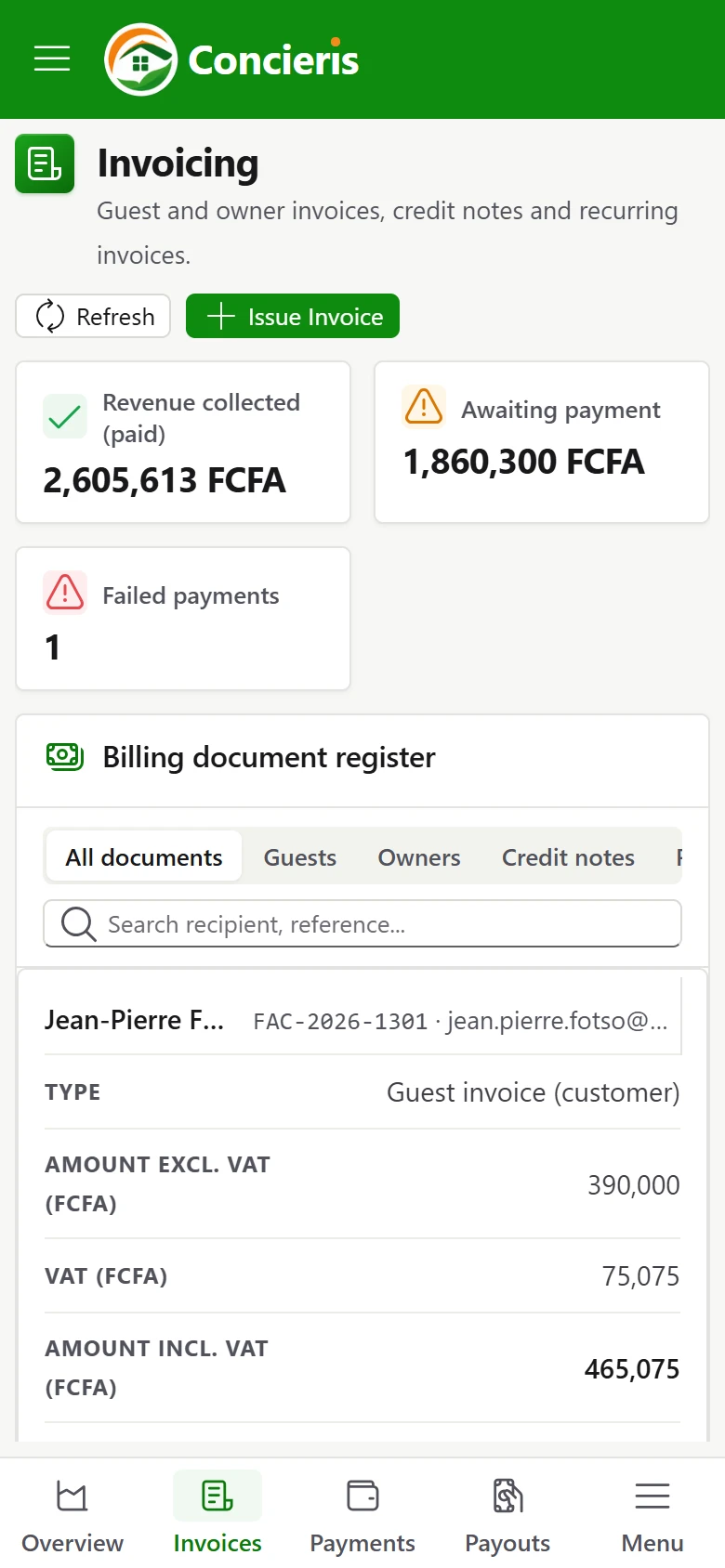 Payments and invoicing in Concieris