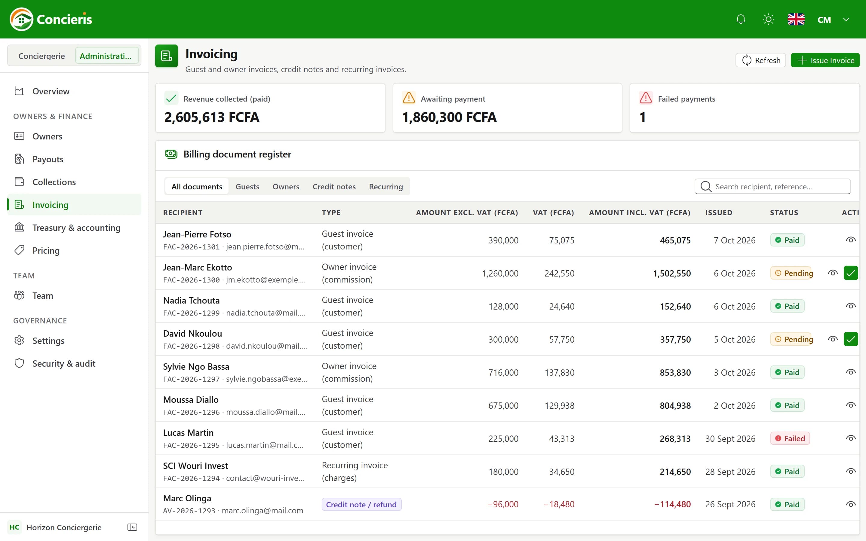 Payments and invoicing in Concieris