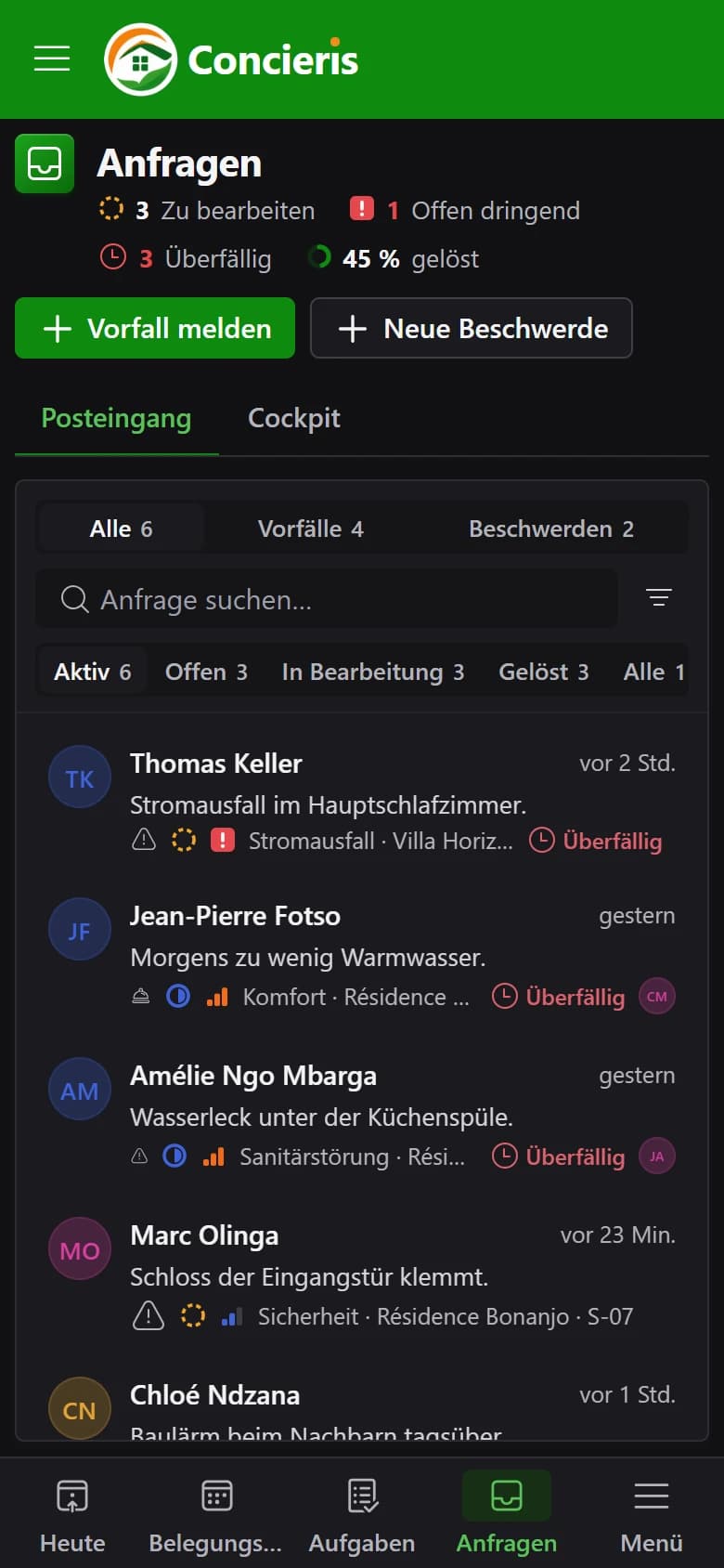Vorfälle und Reklamationen der Gäste in Concieris