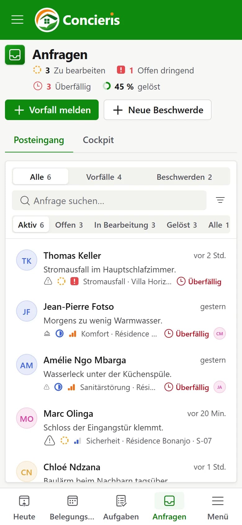 Vorfälle und Reklamationen der Gäste in Concieris