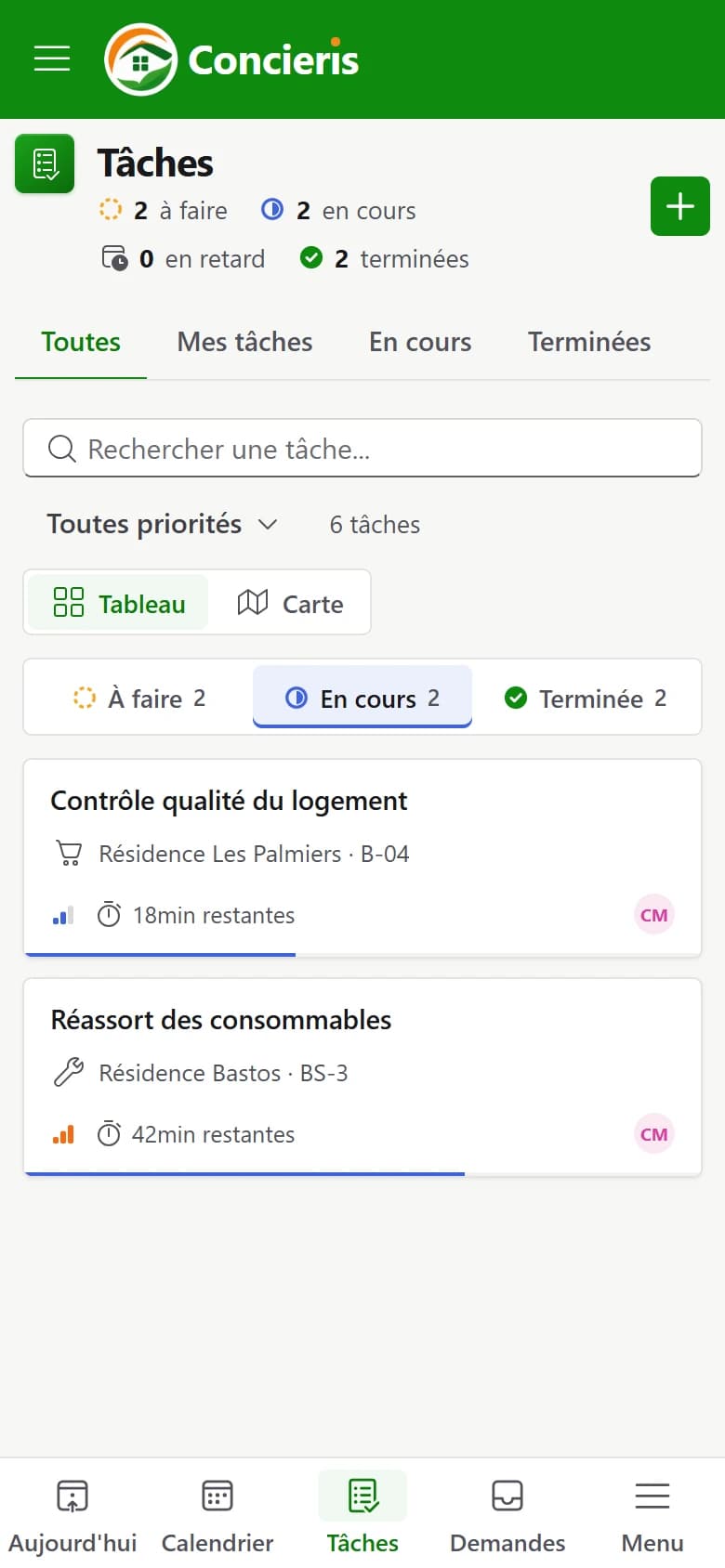 Aperçu de la page Tâches