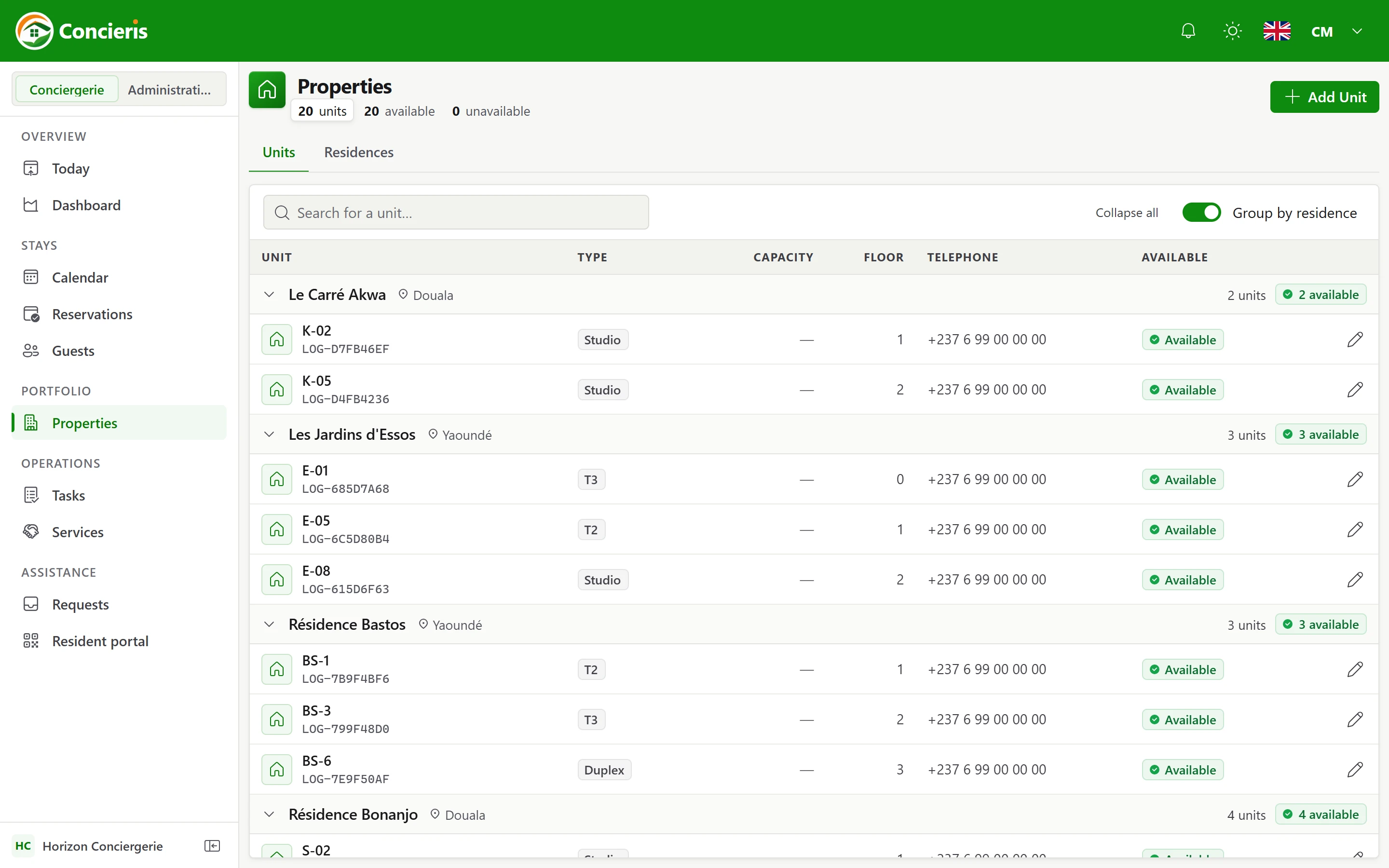 Residences and properties managed in the Concieris property management software