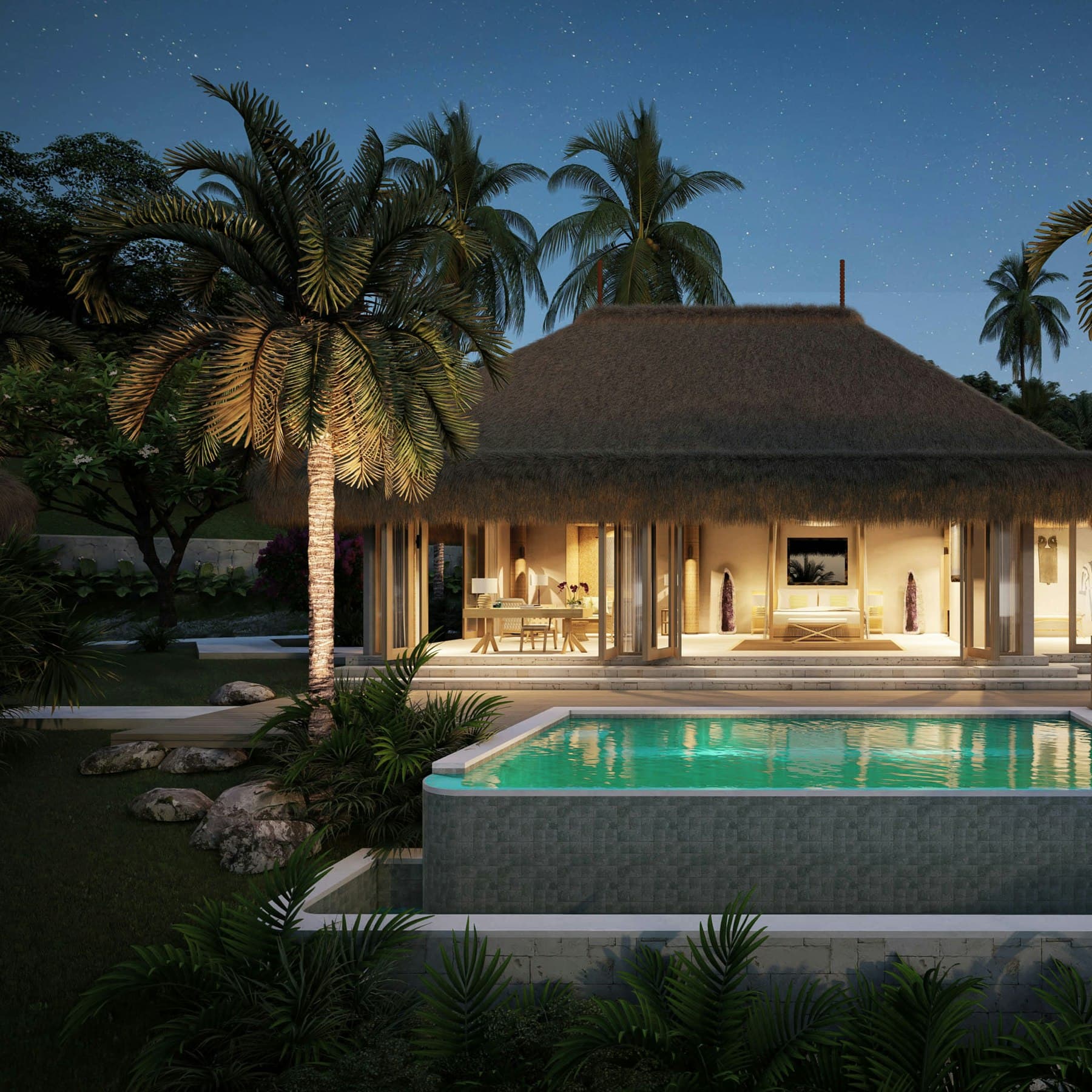 Villa tropicale avec piscine à la tombée de la nuit