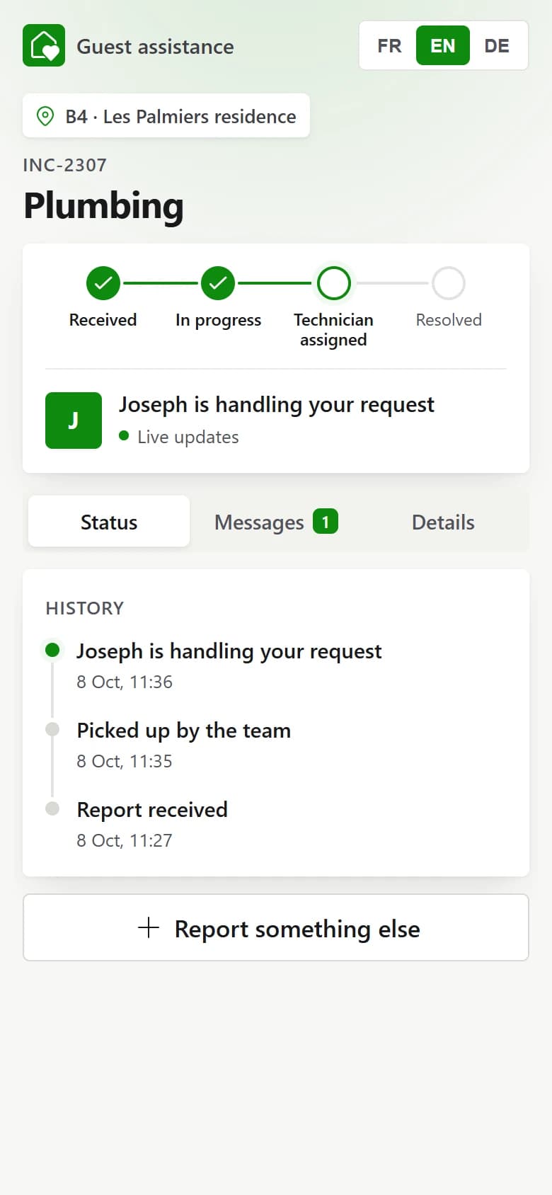 The tracking page: the assigned technician and every step, live