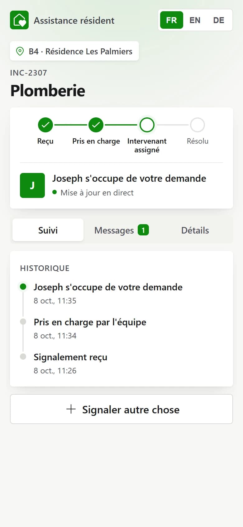 La page de suivi : l’intervenant affecté et chaque étape, en direct