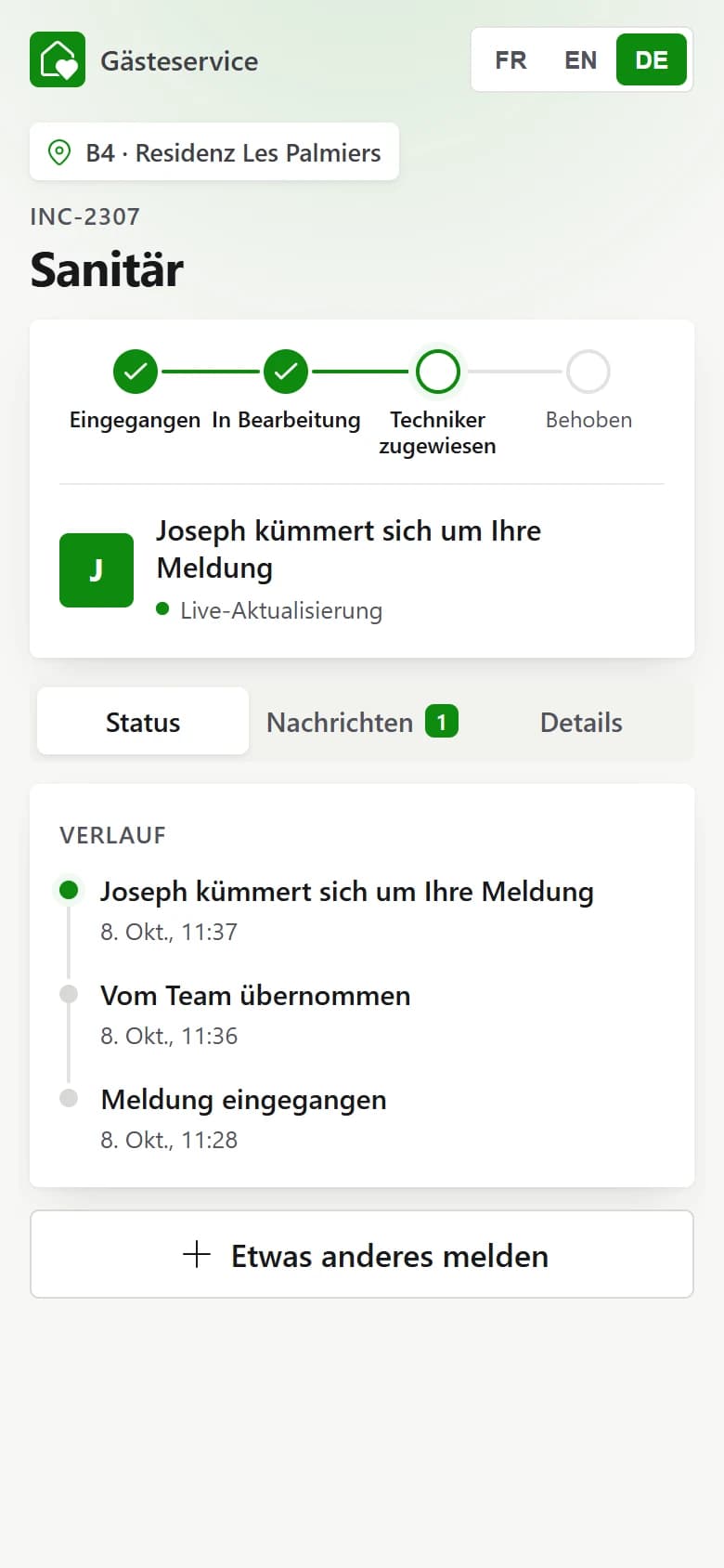 Die Verfolgungsseite: zugewiesener Techniker und jeder Schritt, live