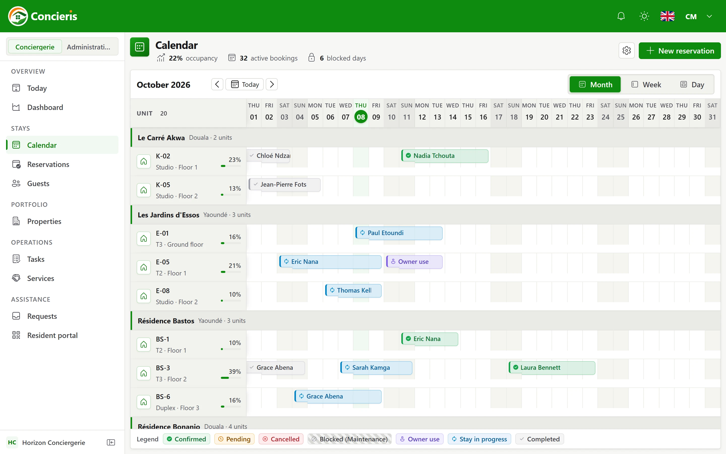 Stay calendar in the Concieris concierge app