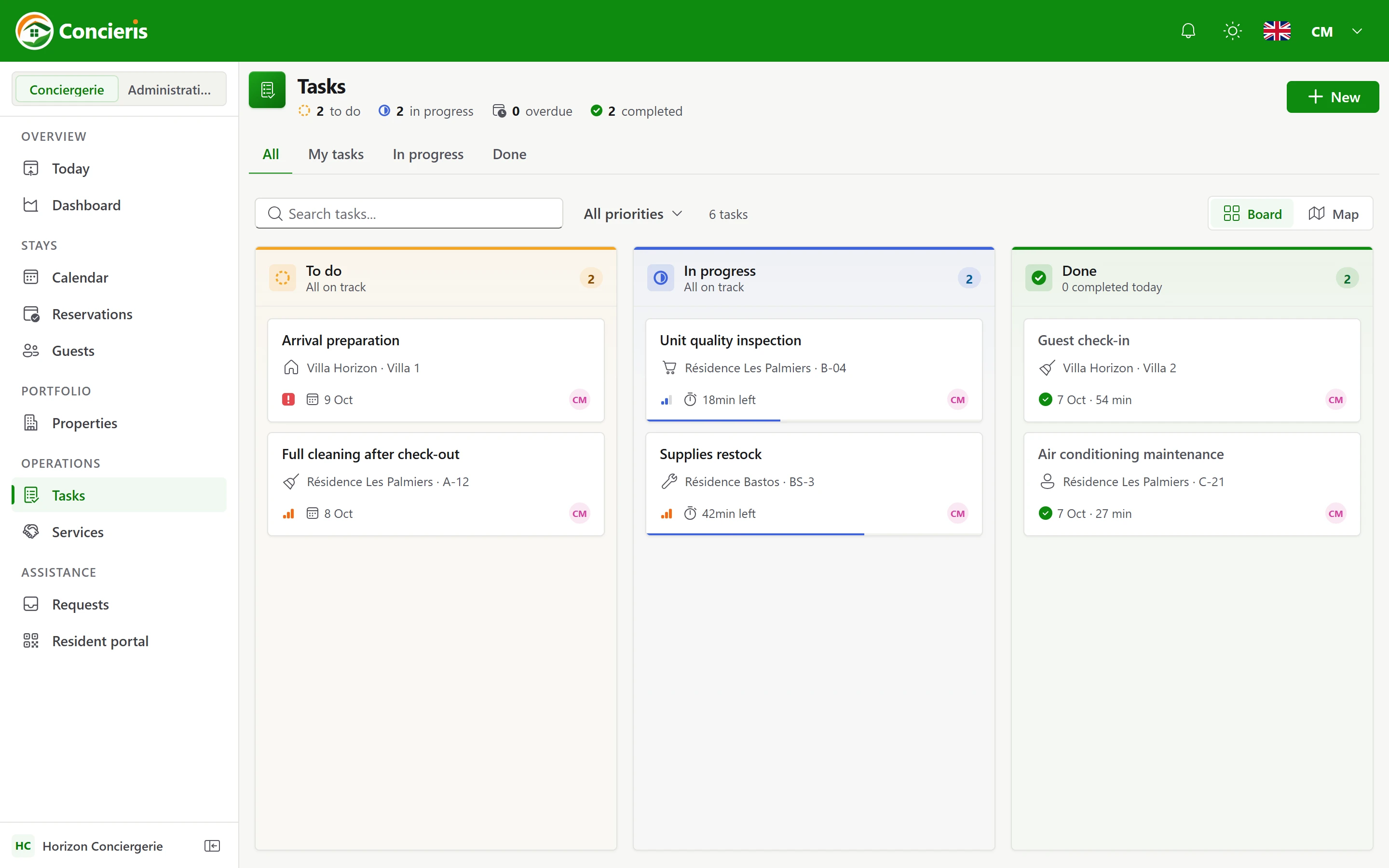 A team member’s task list in the Concieris mobile app